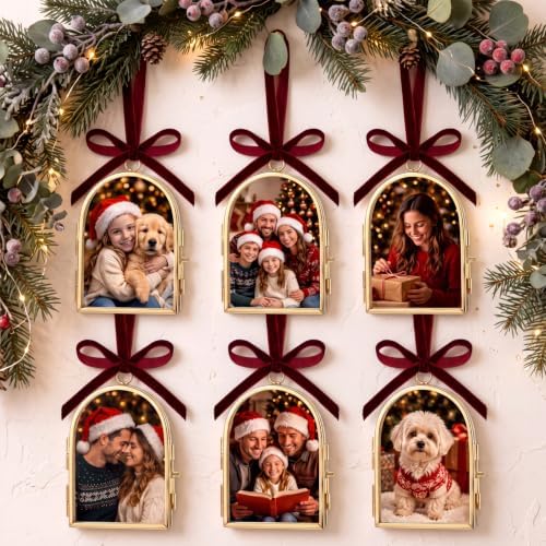 Qunclay 6 Pcs 2.5 x 3.5 Christmas Brass Picture Frame Ornaments Arch Xmas Metal Double Glass Hanging Photo Frame with Burgundy Velvet Ribbon for Christmas Tree Decorations(Gold Burgundy, Arch) by Qunclay
