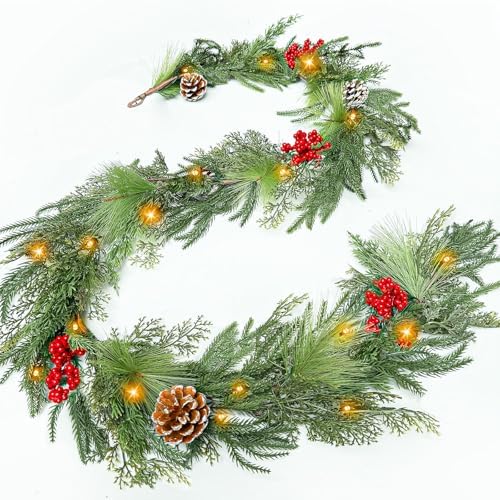 Prelit & Timer - 6FT Christmas Garland with Lights, Real Touch Norfolk Pine Garland Green Cedar Garlands Pine Needle Cypress Leaves Pinecone Red Berries Lighted Garland for Fireplace Table Xmas Decor by TURNMEON