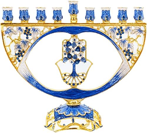 The Dreidel Company Meticulously Hand Painted Hanukkah Enamel Hamsa Menorah Artistic Candles Holder Fits All Standard Chanukah Candles- Menorah is 8 Inches High by TheDreidelCompany