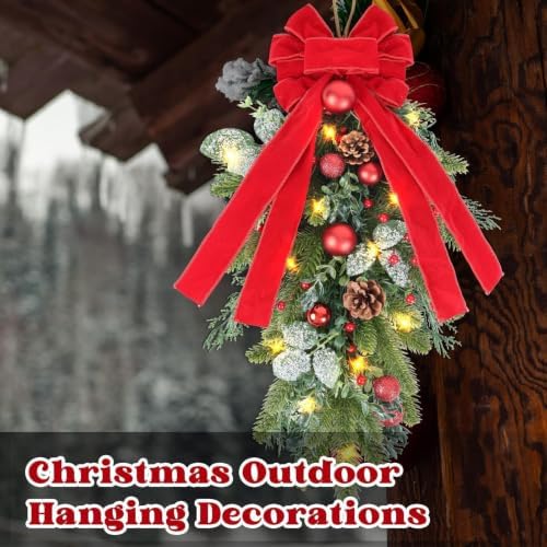 2 PCS 24" Artificial Christmas Teardrop Swag Norfolk Pine Teardrop Door Swag Xmas Cedar Swags Wreath with Berry Pinecone for Front Door Winter Cabinet Mantle Fireplace Wall Indoor Outdoor Home Decor - Image 5