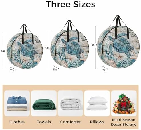 Ocean Turtle Round Storage Bag 24 Inch, Retro Coral Starfish Anchor Coastal Wood Clothes Storage Container with Handles Heavy Duty Organizer for Comforter, Bedding & Holiday Wreaths - Image 7