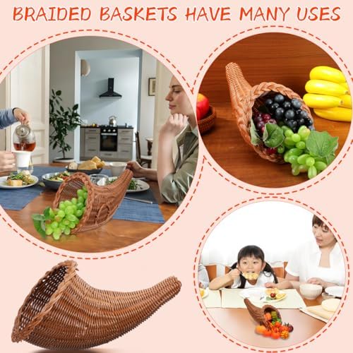 HOMSFOU Cornucopia Baskets Horn Imitation Vine Fall Thanksgiving Fruits Cornucopia Basket Snack Food Bread Horn for Christmas Table Centerpiece - Image 6