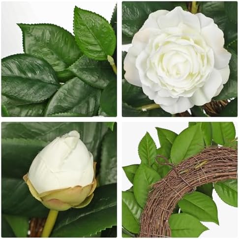 20" Artificial Wreath for Front Door White Camellia Wreath Greenery for Easter Spring Housewarming Wedding Farmhouse Mantel Door Decoration - Image 4