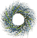 Spring Wreath Door Decoration with Blue Leaves and Forsythia by idyllic