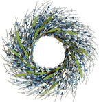 Spring Wreath Door Decoration with Blue Leaves and Forsythia by idyllic