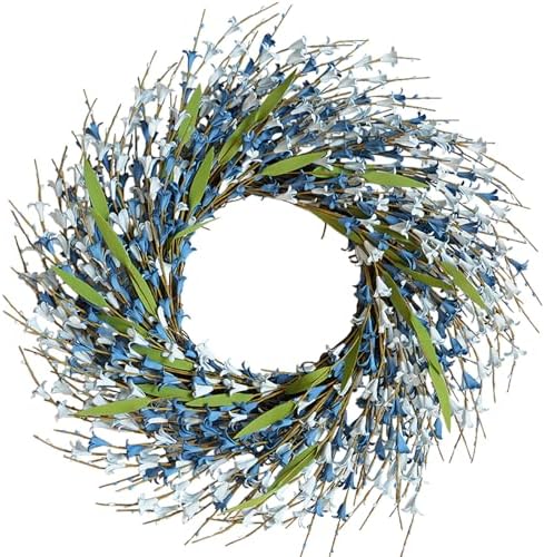 Spring Wreath Door Decoration with Blue Leaves and Forsythia by idyllic