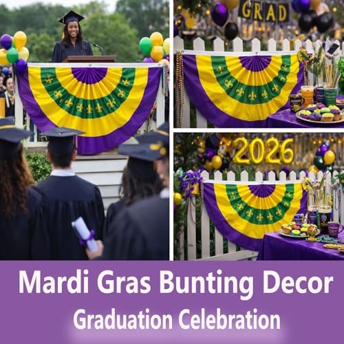 4 Pcs Mardi Gras Bunting Flag 2 x 4Ft Carnival Pleated Fan Flag with Embroidery Iris Banner Mardi Gras Purple Yellow Green Party Decor for Indoor Outdoor Garden Hanging Porch Home Decoration - Image 3