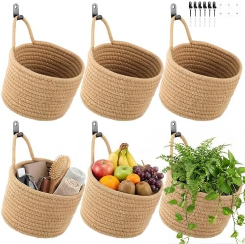 6 PCS Wall Hanging Basket Set Handwoven Cotton Rope Hanging Fruit Basket Organizer with Hooks Boho Decorative Storage Bins for Home Kitchen Office Door Wall by Unknown