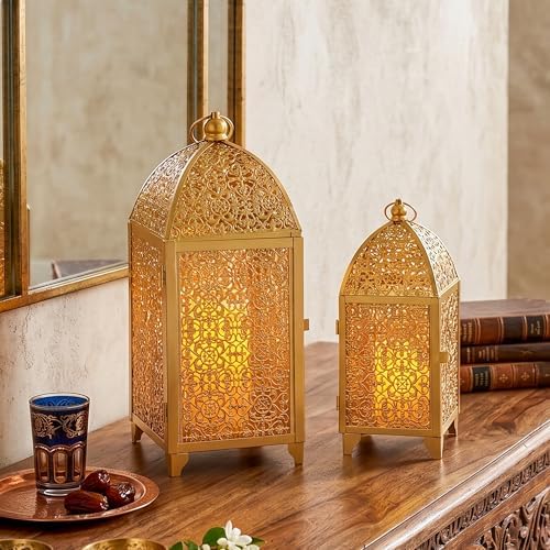 TRIROCKS Set of 2 Decorative Candle Lanterns 12/16.5'' H Candle Holder Gold - Image 5