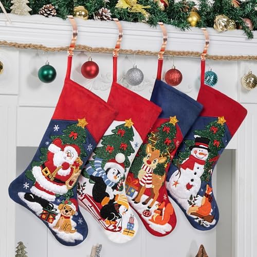LUBOT Set of 4 Christmas Stockings Embroidered 20" Velvet Large Family Xmas Tree Stocking 4 Pack Shining Cute Cartoon Soft Luxury Stocking Fireplace Hanging Decor - Image 2
