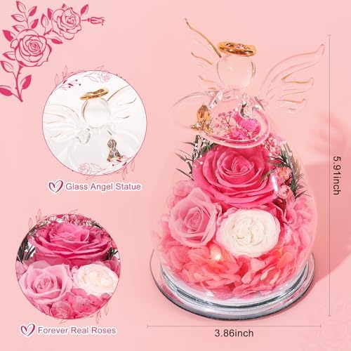 Gifts for Women Preserved Rose Forever Flower in Glass Angel Figurines Fresh Flowers for Delivery Prime Mothers Day Birthday Gifts for Mom Real Pink Roses for Grandma Sister Wife Her from Daughter - Image 2