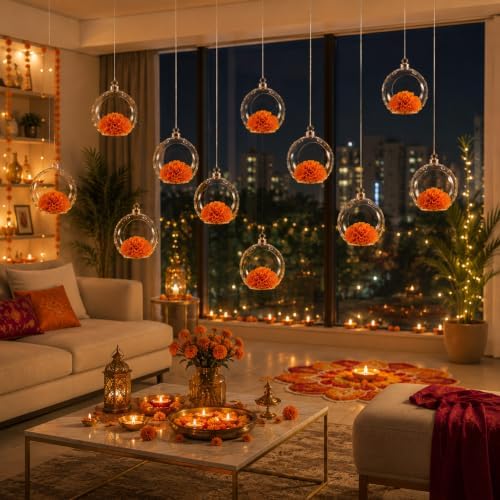 10 Sets Diwali Marigold Decor with Plastic Fillable Orbs Hanging Ornaments - Image 4