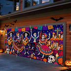 Mexican Day of the Dead Garage Door Banner 7x16ft, Dia de los Muertos Mariachi Skeleton Band Outdoor, Sugar Skull Folklorico Dancing Double Garage Door Cover Tapestry Mural for House Front Holiday - Image 6