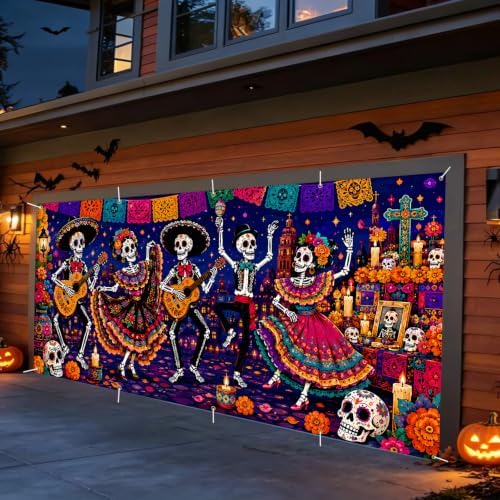 Mexican Day of the Dead Garage Door Banner 7x16ft, Dia de los Muertos Mariachi Skeleton Band Outdoor, Sugar Skull Folklorico Dancing Double Garage Door Cover Tapestry Mural for House Front Holiday - Image 6