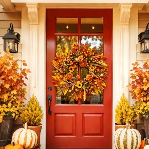 Fall Wreath for Front Door 26 Inch, Autumn Harvest Wreath Sunflowers Roses Acorns Berries, Thanksgiving Halloween Farmhouse Rustic Grapevine Twig Decor - Image 2