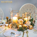 NUPTIO Hurricane Glass Candle Holders: 3Pcs Gold Lanterns Candle Holder for Pillar Candles Geometric Table Centerpiece for Outdoor & Indoor Wedding Christmas Holiday Party Decor 8.1 & 6.5 & 4.7 inch - Image 2