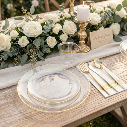 MirthMood 210Pcs Clear and Gold Plastic Dinnerware Set for 30 Guests - Image 4