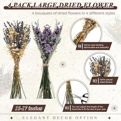 Layhit 4 Pack Large Size Boho Dried Flowers 15-17 Inch, Lavender - Image 2