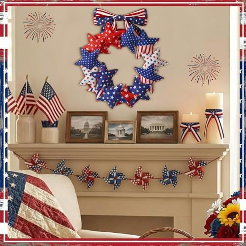 Suncalla 4th of July Door Wreath Patriotic Wreath 11.8 Inch Red White Blue Decoration Star 250th Anniversary Front Door Decoration with Bow for American Independence Day Decor - Image 4