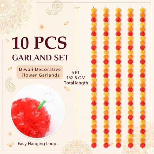 XunYee 10 Pcs 5 ft Marigold Garland for Decoration Long Strands, 3 Colors - Image 2