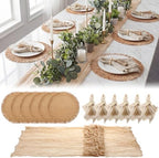 Frienda 6 Pcs Boho Woven Placemat Set with Runner, Napkin Rings, Beige by Frienda
