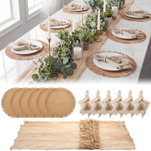 Frienda 6 Pcs Boho Woven Placemat Set with Runner, Napkin Rings, Beige by Frienda