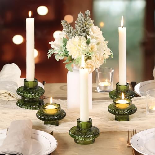 Green Taper Candle Holders Set of 8, Ribbed Glass Candlestick Holders - Image 3