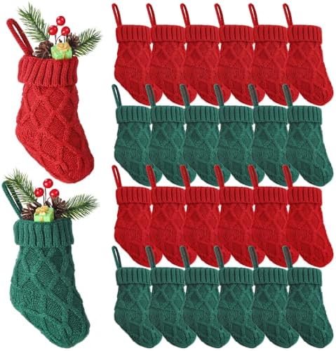 Geyoga 24 Pieces Mini Christmas Knit Stockings 6 Inch Cable Knitted Stockings Bulk Xmas Hanging Ornament Decoration for Christmas Tree Fireplace Holiday Party Favor(Red, Green) by Geyoga