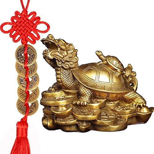Amperer Feng Shui Brass Dragon Turtle Statue Wealth Prosperity Sculpture with Set of 5 Lucky Charm Ancient Coins on Red String Best Housewarming Congratulatory Gift Home Decor (C2 Dragon Turtle) by Briskfeel