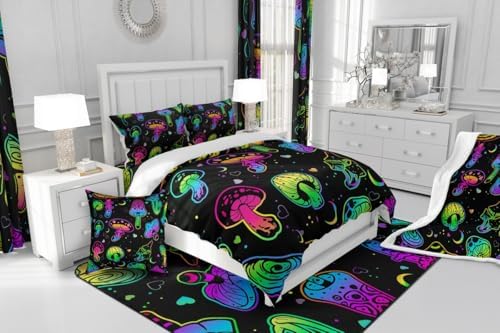 Erosebridal Trippy Mushroom Bedding Set King Purple Teal Mushrooms Comforter for Kids Girls Teens Women Ombre Gradient Stars Galaxy Down Comforter Colorful Botanical Wild Plants Bedding Comforter Set - Image 6