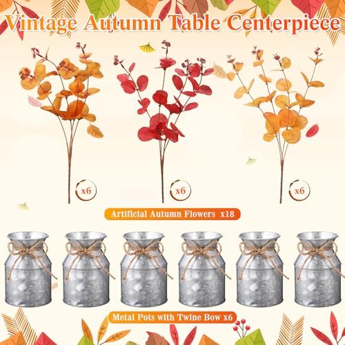 Zeyune 6 Sets Fall Thanksgiving Table Centerpiece Decoration 18 Pcs Harvest Artificial Flower Stem Faux Fall Arrangement with 6 Pcs Metal Pot for Autumn Farmhouse Home Kitchen Dining Indoor Decoration - Image 2
