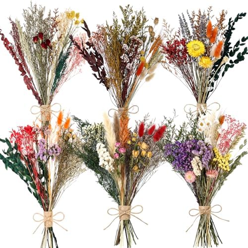 6 Bunches Large Size Dried Flower Bouquet 15 -17 Inch Natural Various Dried Flower Combinations with Wildflowers Dry Rose Lavender Forget Me Not Babys Breath for Vase Boho Wedding Farmhour Home Decor by Unknown