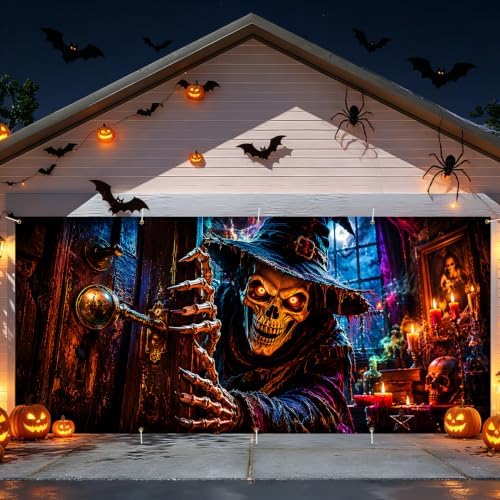 Gothic Halloween Garage Door Banner 7x16ft, Spooky Skeleton Wizard Opening Door Outdoor Decoration, Witch Hat Demon Claws Double Garage Door Cover Tapestry Mural for House Front Holiday Decor - Image 3