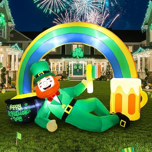 7FT St. Patrick’s Day Inflatable Leprechaun with Rainbow Beer Mug & Pot of Gold — Lucky Outdoor St. Paddy’s Day Yard Decoration with LEDs & Irish Flag Blow Up Ornament for Lawn Garden Party by Zeepair