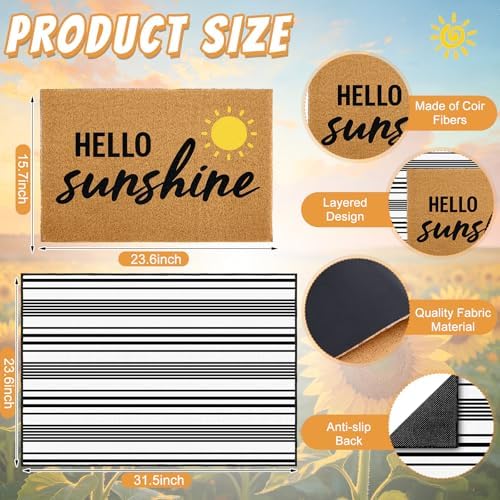 2 Pcs Layered Front Porch Decor, Hello Sunshine Welcome Doormats Summer Coastal Entryway Rug Set, Black and White Striped Crystal Velvet Base and PVC Coil Door Mat, 15.7x23.6 & 23.6x31.5 - Image 3