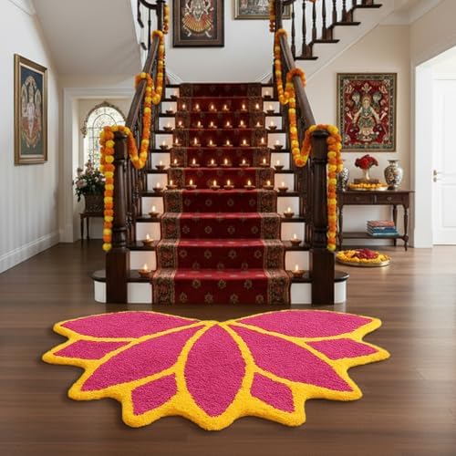 Drydiet 35in Diwali Decorations for Home Floral Rangoli Mat Indian Diwali Lotus Decor Pooja Floral Housewarming Floor Decor Rangoli Mat for Indian Traditional Pooja Festival New Year Entrance Gift - Image 4