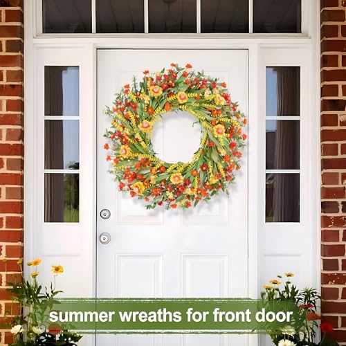 26" Floral Wreath, Artificial Spring Wreaths for Front Door, with Wildflower Portulaca Flowers, Indoor Outdoor Porch Window Wall Home Decor for Valentine’s Day Easter, Summer & Wedding Orange - Image 5