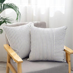 YCOLL Farmhouse Euro Sham Pillow Covers 26x26, Modern Throw Pillow Covers Set of 2, Navy and Beige Striped Patchwork Linen Decorative Pillows Cushion Covers for Bed Sofa Couch Living Room Home Decor - Image 2