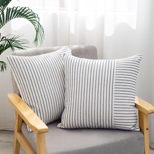 YCOLL Farmhouse Euro Sham Pillow Covers 26x26, Modern Throw Pillow Covers Set of 2, Navy and Beige Striped Patchwork Linen Decorative Pillows Cushion Covers for Bed Sofa Couch Living Room Home Decor - Image 2