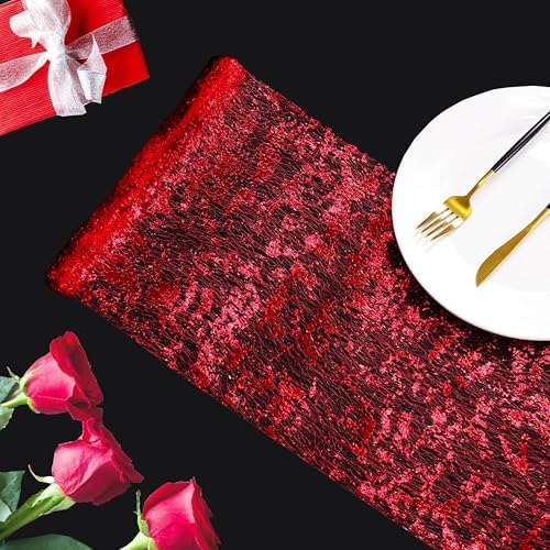 Snowkingdom Red Sparkly Table Runner Glitter Sequin Glitter Metallic Foil Mesh Lace 11 Inch x 49 Feet Long Roll Centerpieces Decorations for Wedding Anniversary Mother's Day Valentine Party Birthday - Image 5