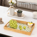 Rectangle Rattan Tray with Mother of Pearl Inlay, Rattan Serving Tray with Handle for Coffee, Bread, Fruits, Snacks, Decorative Wicker Tray for Table Decor (Rectangle Green Fish, 13"×9") - Image 5