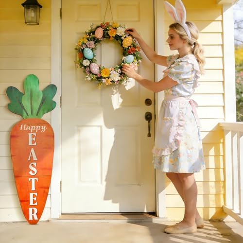 35 Inch Easter Carrot Wooden Porch Sign Spring Carrot Standing Decor with Rope Happy Easter Welcome Sign for Indoor Outdoor Entryway Yard Home Holiday Hanging Decoration - Image 5
