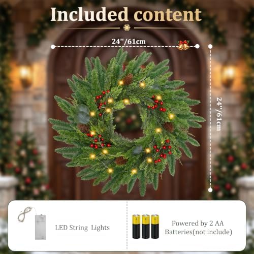 24" Real Touch Pine Christmas Wreath with Lights, with Pine Cones/Berries - Image 2
