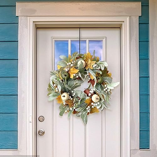 GLLBTPT Fall Wreath Full Handcrafted Autumn Front Door Wreath with Pumpkins Maple Leaves Berries for Halloween Thanksgiving Harvest Decoration (Green Leaf) - Image 5