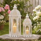 JHY DESIGN Set of 2 Decorative Candle Lanterns 22"&17" H Outdoor Vintage Metal Candle Holder for Garden Living Room Indoor Parties Weddings Patio Home Decor(White with Gold Brush) - Image 4