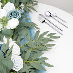 Dusty Blue Flowers Wedding Table Decor - Table Runner & Arch Backdrop with Eucalyptus & Blue Floral Garland - Image 6