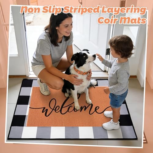 2pcs Layered Doormat Set, Welcome Door Mat for Outdoor Front Door, 16x24 PVC Coil & 24x32 Crystal Velvet Non-Slip Layering Entry Mats for Farmhouse Porch Decoration（Welcome, Striped - Image 4