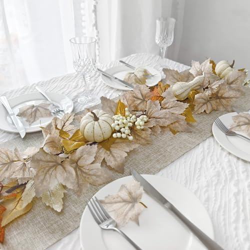 2 Pcs Fall Decorations for Home 6Ft Fall Garland with Lights, Fake Pumpkin Berry Autumn Maple Leaves Garland for Mantle Halloween Thanksgiving Harvest Fireplace Party, Fall Decor Indoor Outdoor Porch - Image 2