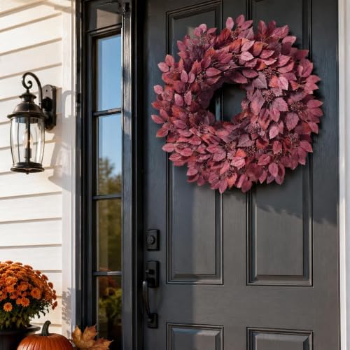 26" Artificial Hibiscus Leaves Fall Wreath for Front Door Decor(Autumn Red) - Image 4