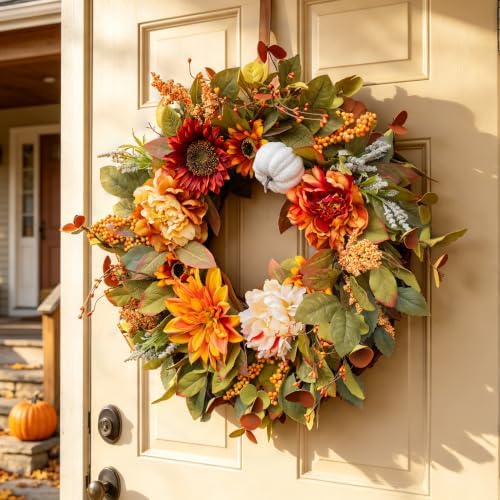 24 Inch Fall Wreaths for Front Door Outside Autumn Wreath with Peony - Image 3